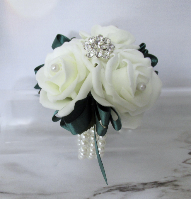 Forest Green & Ivory Wrist Corsage, forest green prom corsage